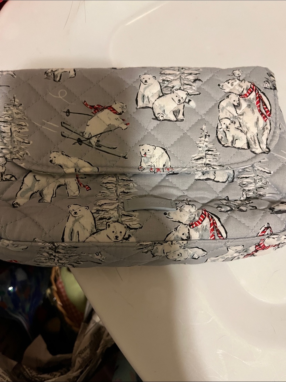 Quilted Light Gray Cosmetic Case with Polar Bear Print